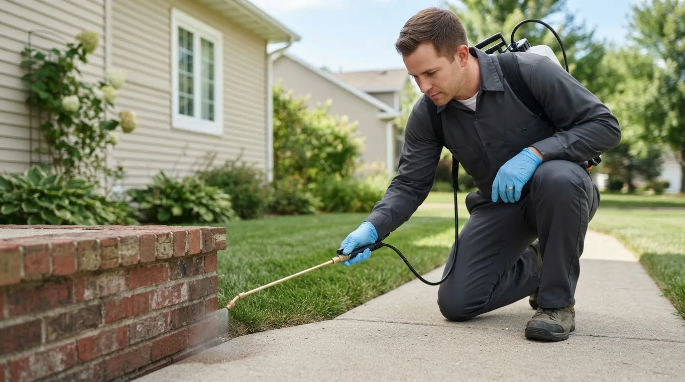 Pest control technician treating a home near Mechanicsburg, PA